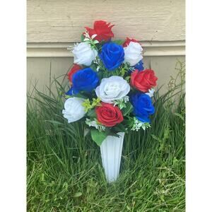 Red White Blue Cemetery Flowers | Memorial Grave Floral Vase Arrangement